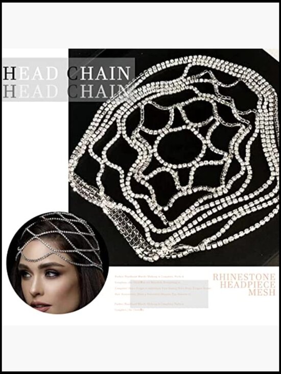 Rhinestone Mesh Headpiece Cap with Chain Flapper Hair Accessory Bridal Party main image 6